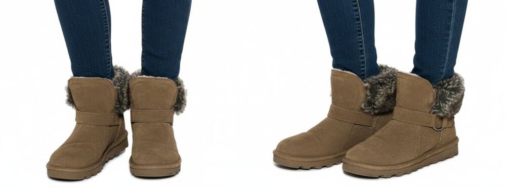 Bearpaw Konnie Suede Ankle Boots Women’s Size 9 Hickory Brown EUC Fur Buckle